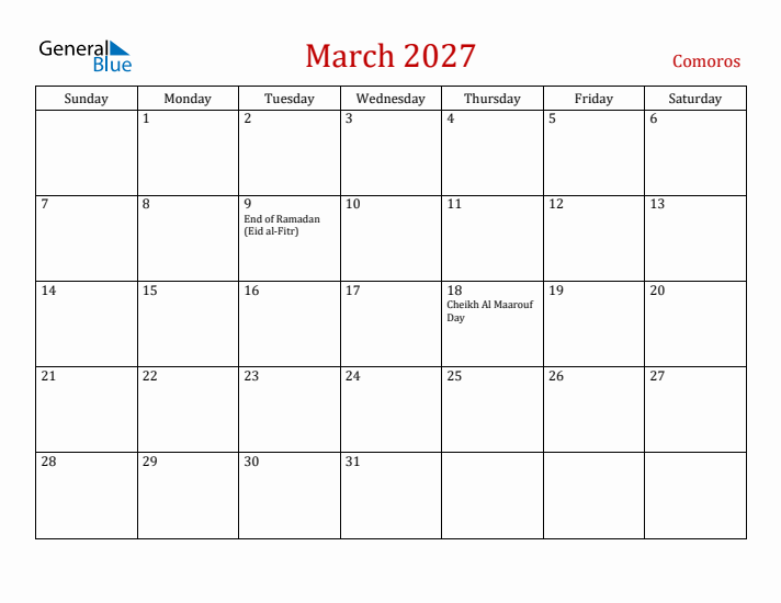 Comoros March 2027 Calendar - Sunday Start