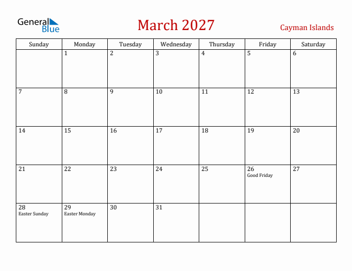 Cayman Islands March 2027 Calendar - Sunday Start