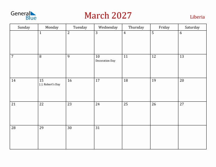 Liberia March 2027 Calendar - Sunday Start