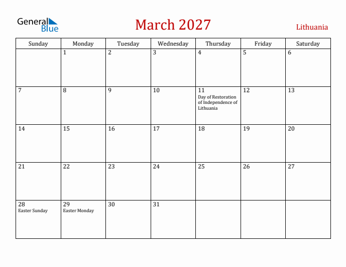 Lithuania March 2027 Calendar - Sunday Start