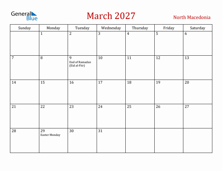 North Macedonia March 2027 Calendar - Sunday Start