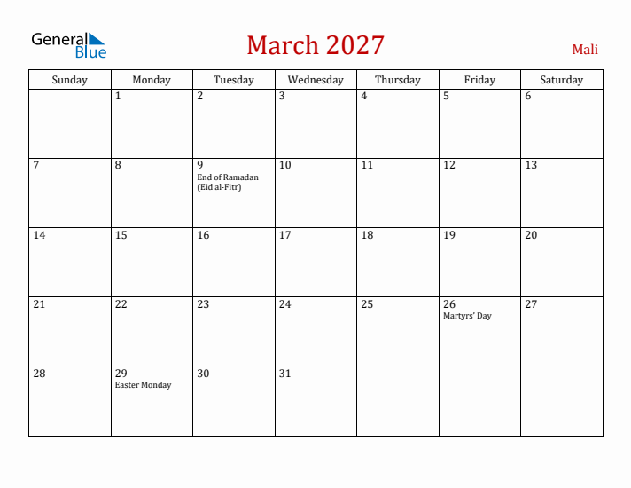 Mali March 2027 Calendar - Sunday Start