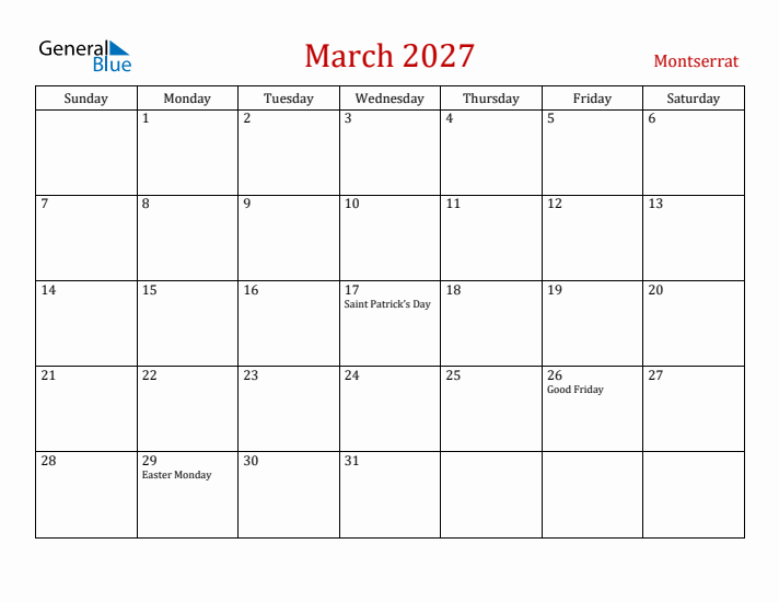 Montserrat March 2027 Calendar - Sunday Start