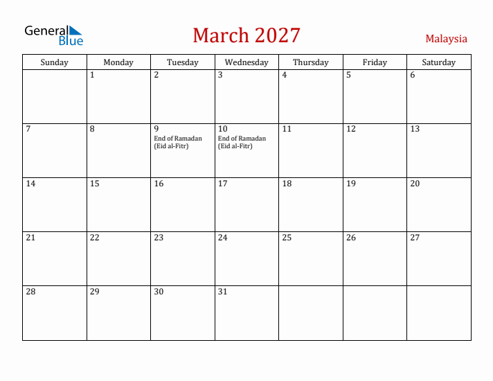 Malaysia March 2027 Calendar - Sunday Start