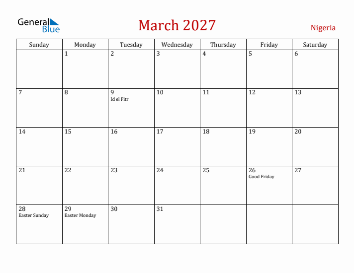 Nigeria March 2027 Calendar - Sunday Start