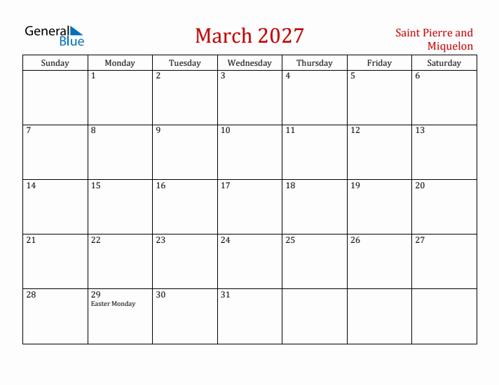 Saint Pierre and Miquelon March 2027 Calendar - Sunday Start