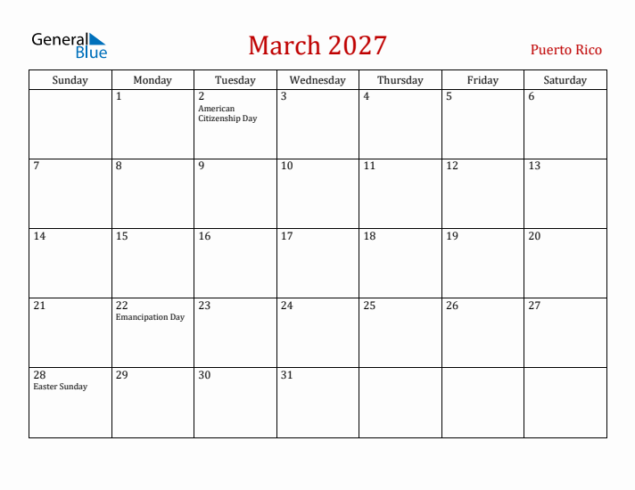 Puerto Rico March 2027 Calendar - Sunday Start