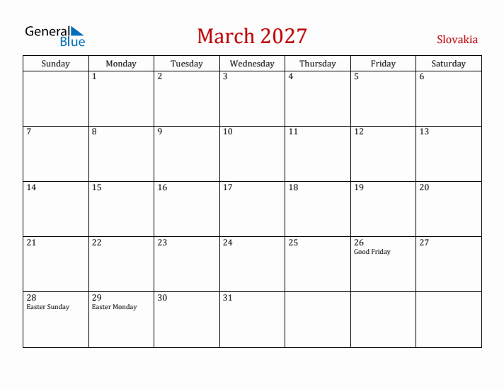 Slovakia March 2027 Calendar - Sunday Start