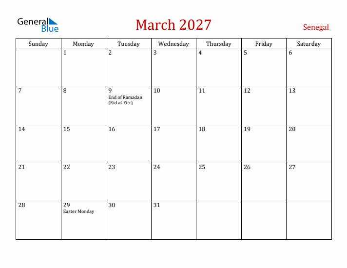 Senegal March 2027 Calendar - Sunday Start