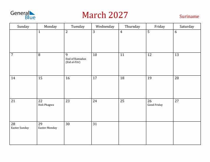 Suriname March 2027 Calendar - Sunday Start