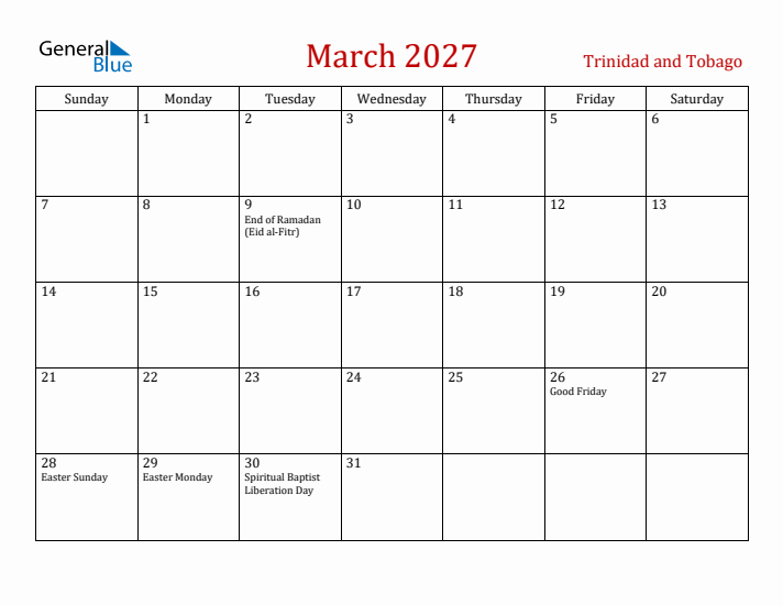 Trinidad and Tobago March 2027 Calendar - Sunday Start