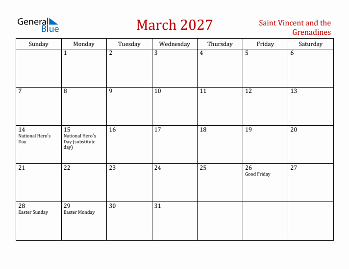 Saint Vincent and the Grenadines March 2027 Calendar - Sunday Start