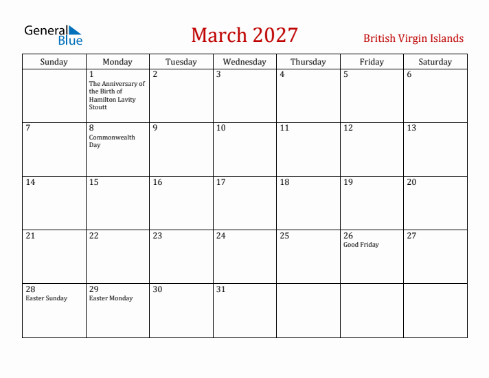 British Virgin Islands March 2027 Calendar - Sunday Start