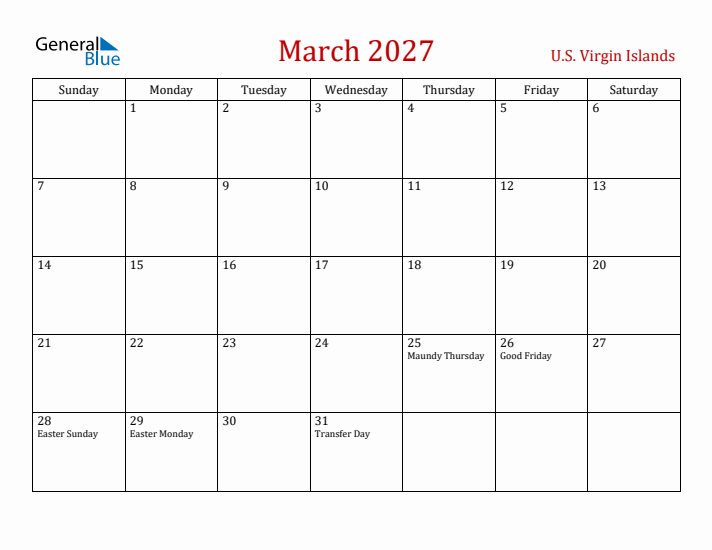 U.S. Virgin Islands March 2027 Calendar - Sunday Start