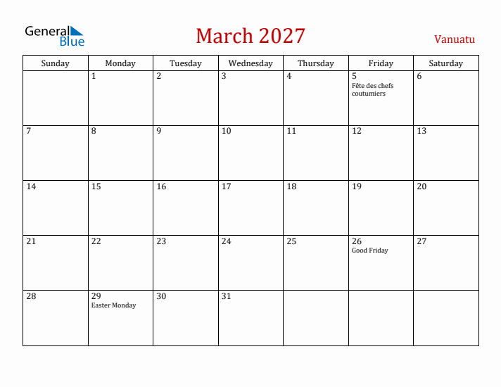 Vanuatu March 2027 Calendar - Sunday Start