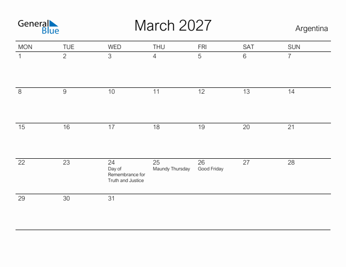 Printable March 2027 Calendar for Argentina