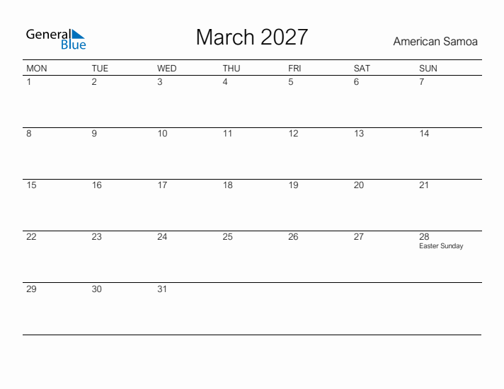 Printable March 2027 Calendar for American Samoa