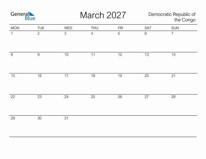 Printable March 2027 Calendar for Democratic Republic of the Congo