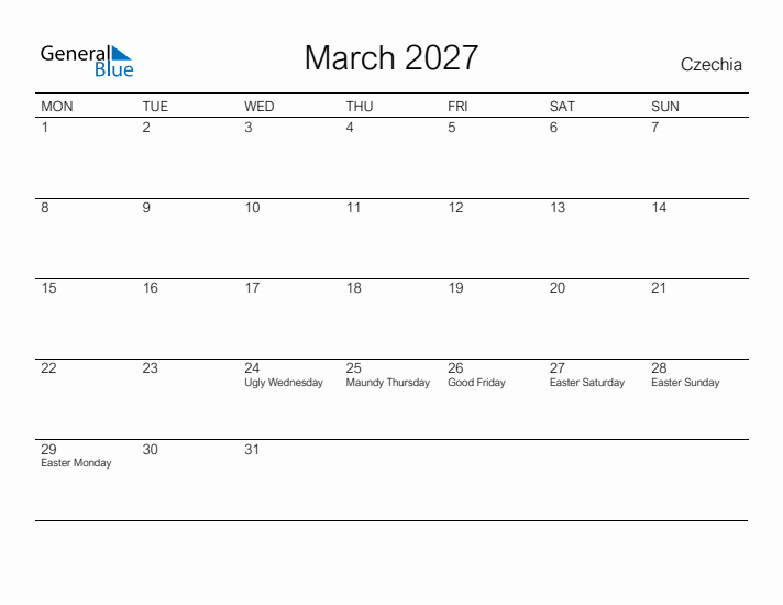 Printable March 2027 Calendar for Czechia