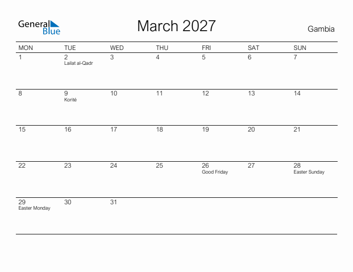 Printable March 2027 Calendar for Gambia
