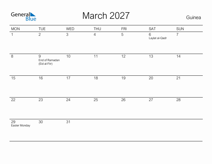 Printable March 2027 Calendar for Guinea