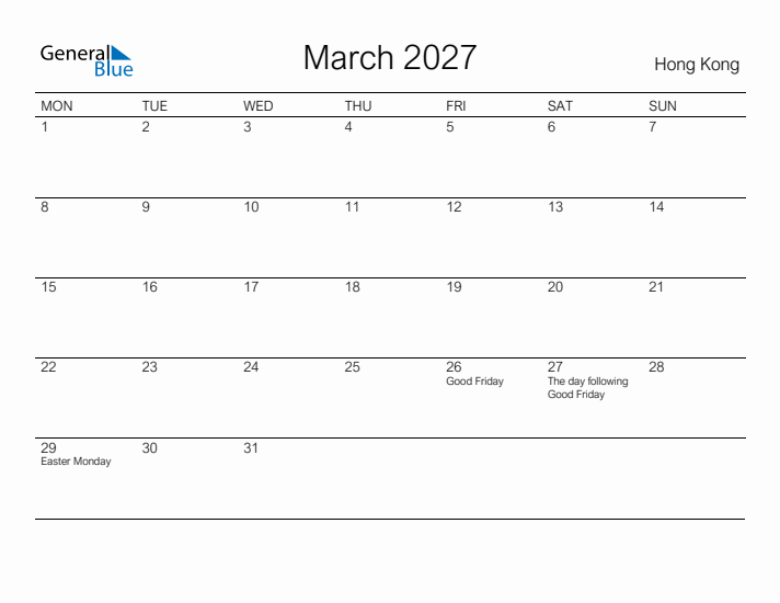 Printable March 2027 Calendar for Hong Kong