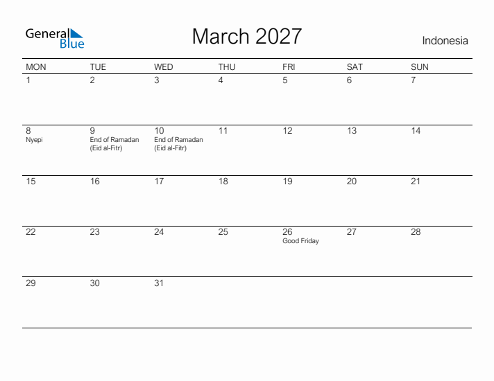 Printable March 2027 Calendar for Indonesia
