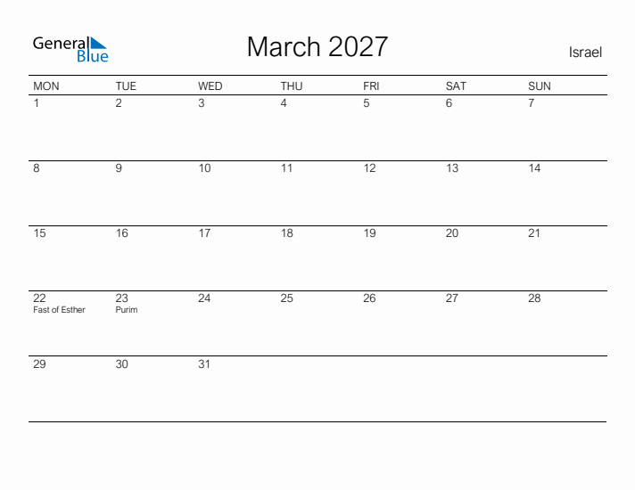 Printable March 2027 Calendar for Israel