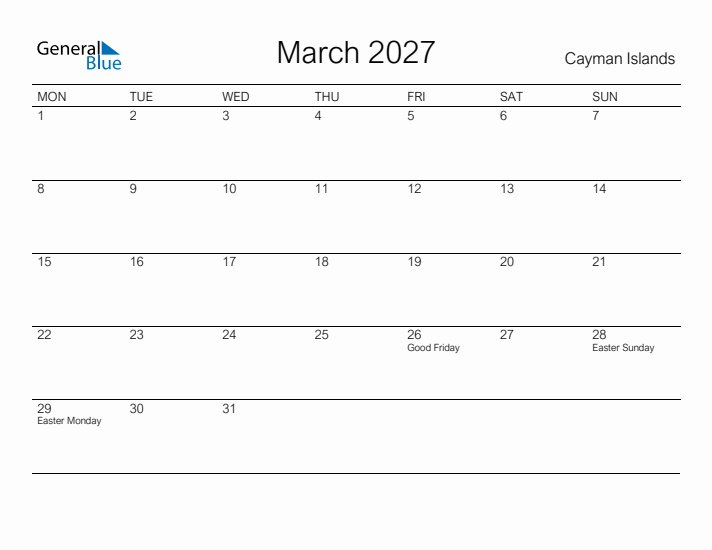 Printable March 2027 Calendar for Cayman Islands
