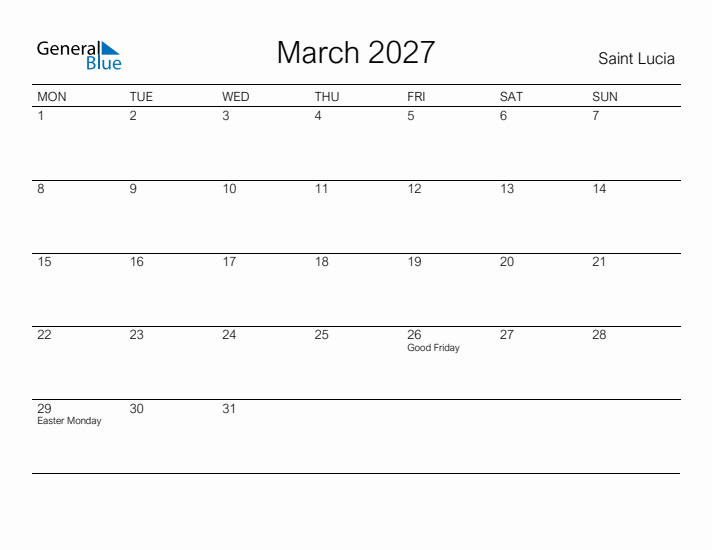 Printable March 2027 Calendar for Saint Lucia