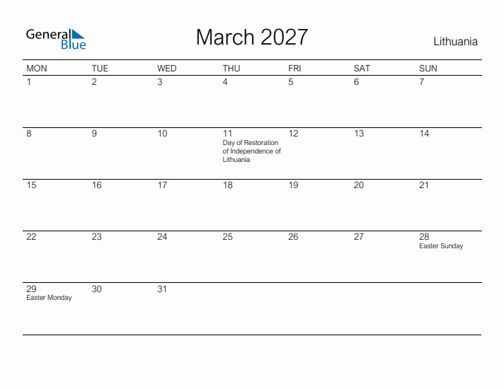 Printable March 2027 Calendar for Lithuania