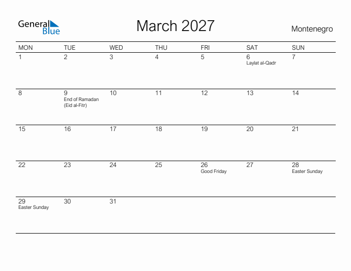 Printable March 2027 Calendar for Montenegro