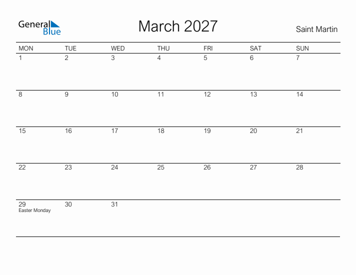 Printable March 2027 Calendar for Saint Martin
