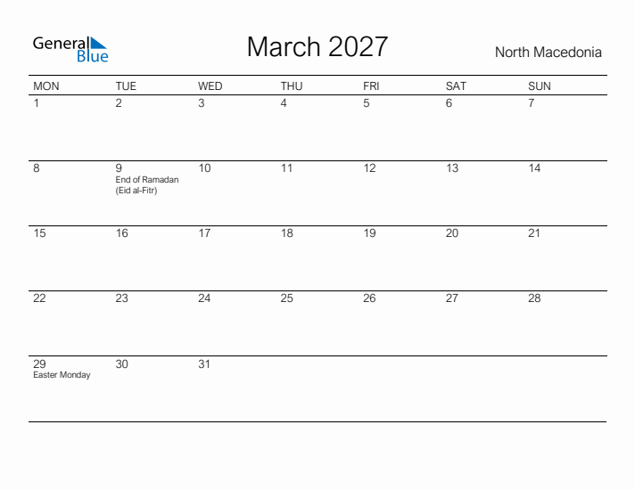 Printable March 2027 Calendar for North Macedonia