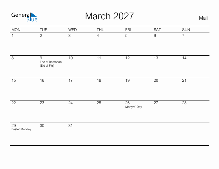 Printable March 2027 Calendar for Mali