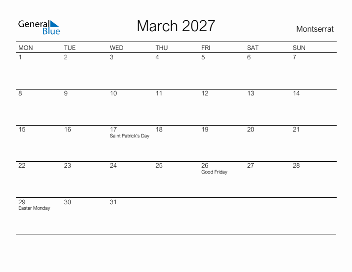 Printable March 2027 Calendar for Montserrat
