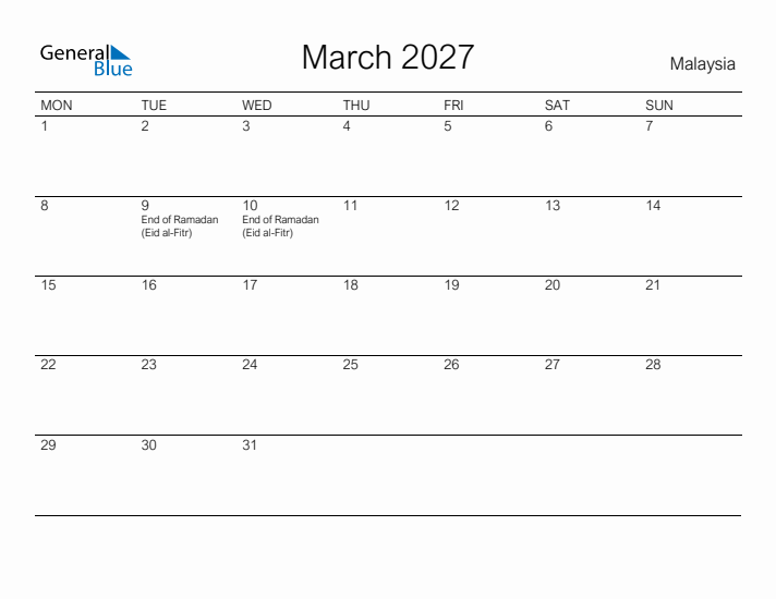 Printable March 2027 Calendar for Malaysia