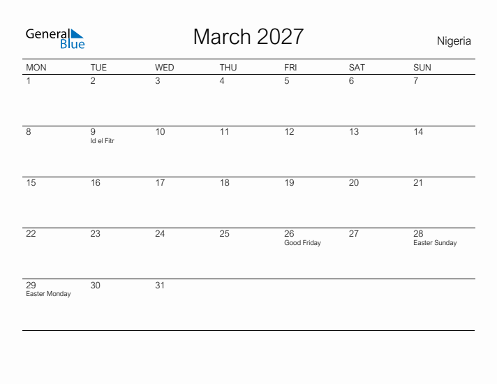 Printable March 2027 Calendar for Nigeria