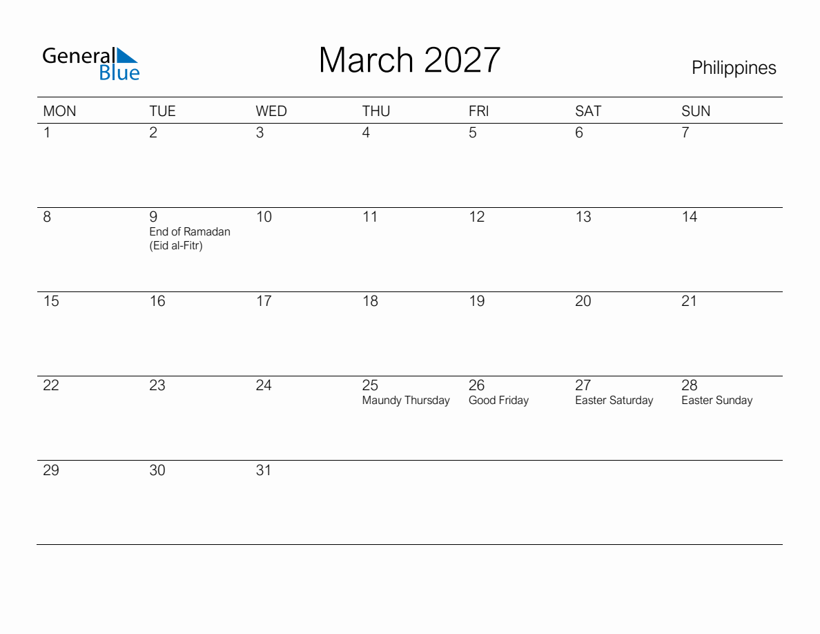 Printable March 2027 Monthly Calendar with Holidays for Philippines