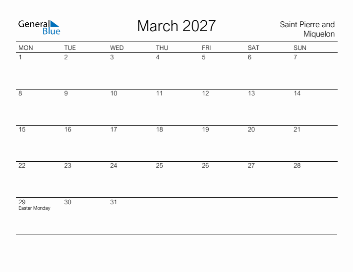 Printable March 2027 Calendar for Saint Pierre and Miquelon