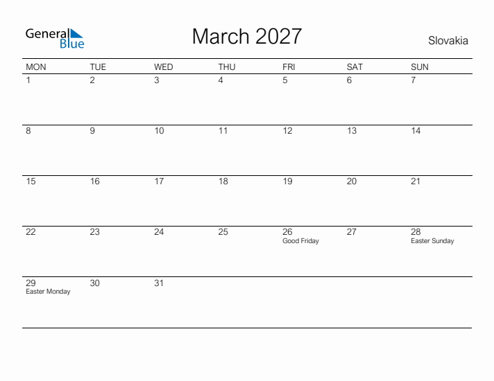 Printable March 2027 Calendar for Slovakia