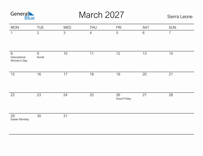 Printable March 2027 Calendar for Sierra Leone