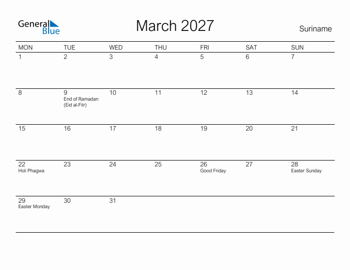 Printable March 2027 Calendar for Suriname