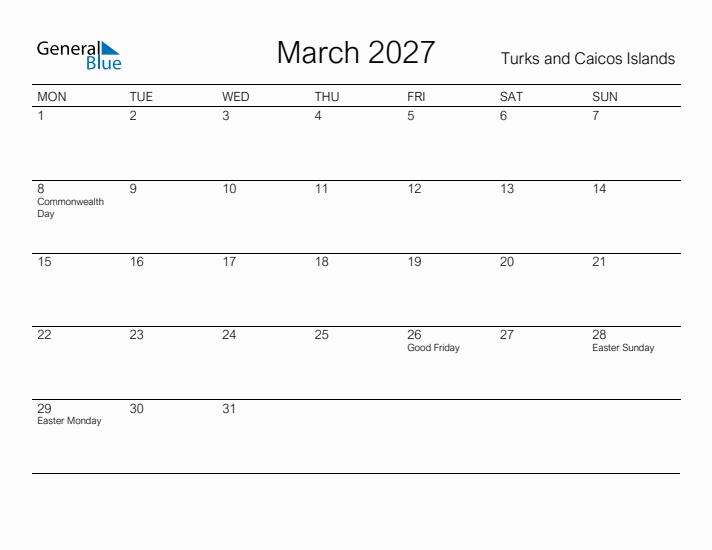 Printable March 2027 Calendar for Turks and Caicos Islands