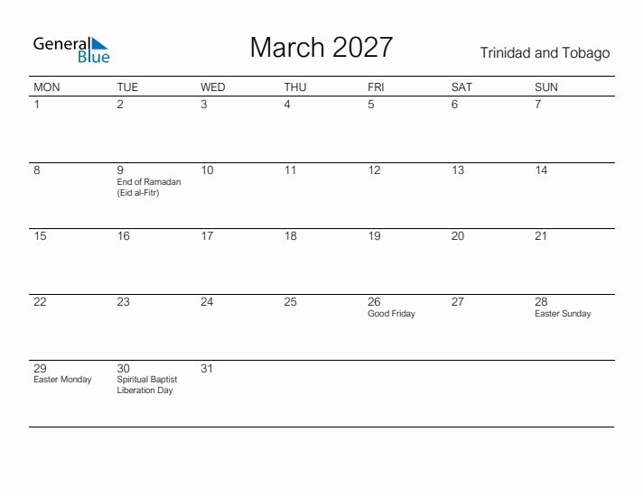 Printable March 2027 Calendar for Trinidad and Tobago