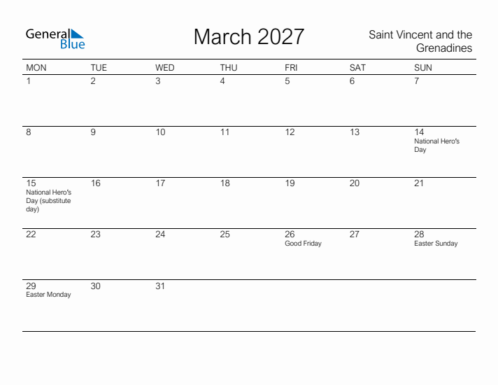Printable March 2027 Calendar for Saint Vincent and the Grenadines