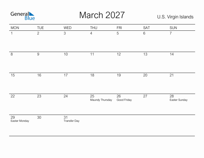 Printable March 2027 Calendar for U.S. Virgin Islands