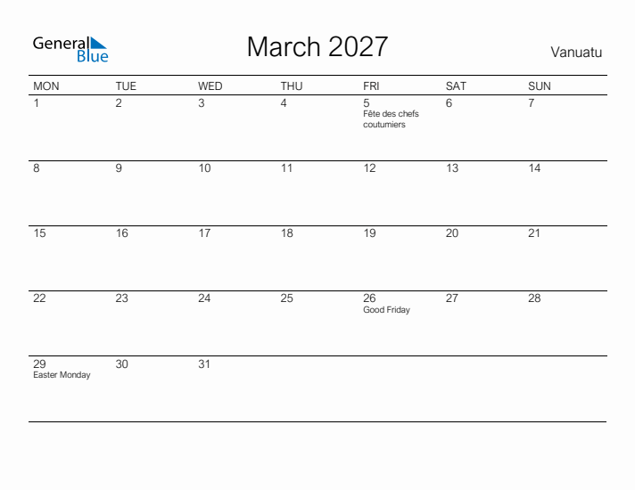 Printable March 2027 Calendar for Vanuatu