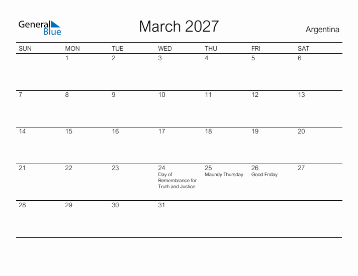 Printable March 2027 Calendar for Argentina