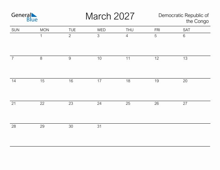 Printable March 2027 Calendar for Democratic Republic of the Congo